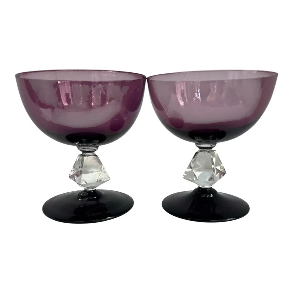 Vintage Bryce Brothers Aquarius Amethyst Coupe Glasses Diamond Stem Cocktail 2pc
